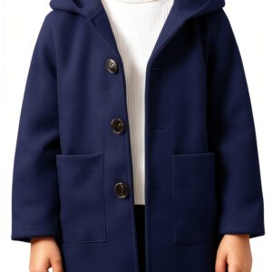 Boys Wool Blend Peacoat Hooded Jacket Khaki Dark Blue-0