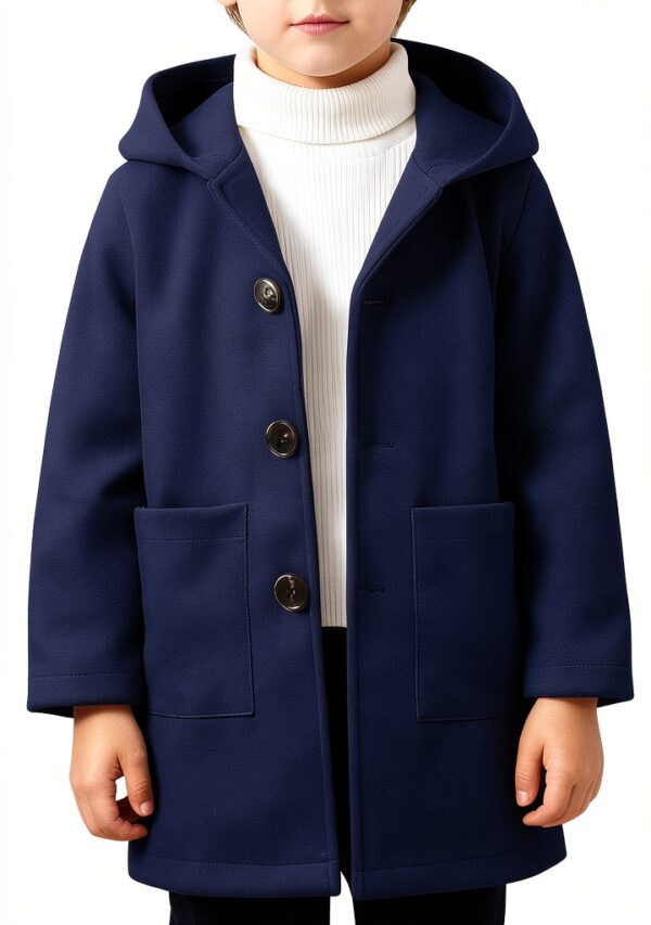 Boys Wool Blend Peacoat Hooded Jacket Khaki Dark Blue-0