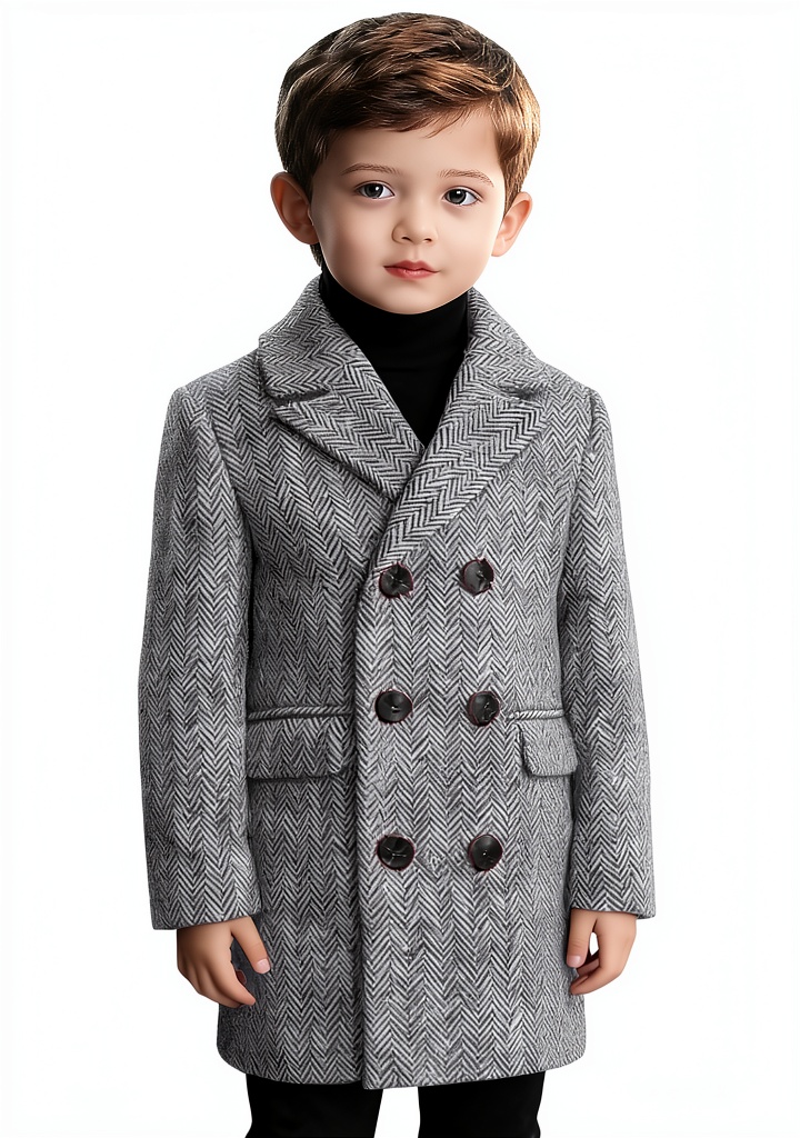 Vqishne Boys Double Breasted Herringbone Dress Coat being worn by a boy in a winter setting