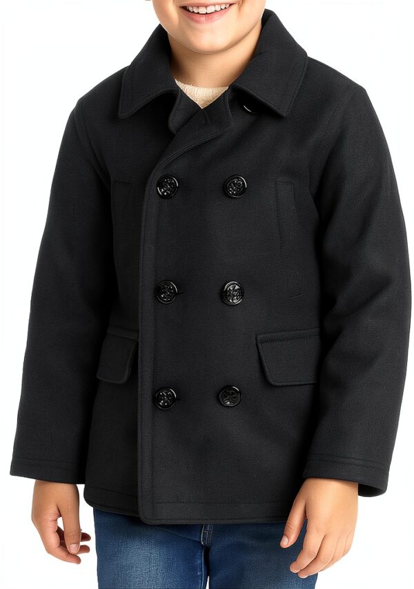 Boys Wool Pea Coat Double Breasted Faux Fur Lined Jacket-0